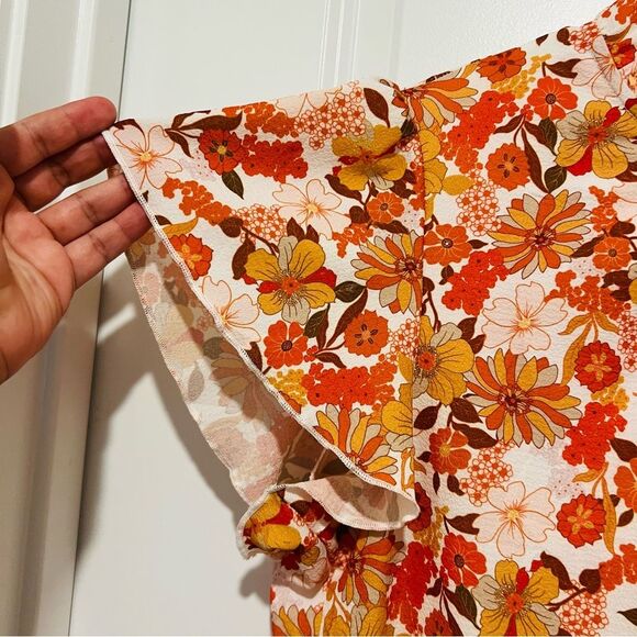 SimpleFun Women's Boho Top Floral Ruffle Short Sleeve Mock Neck Flowy Size Large - Picture 4 of 9